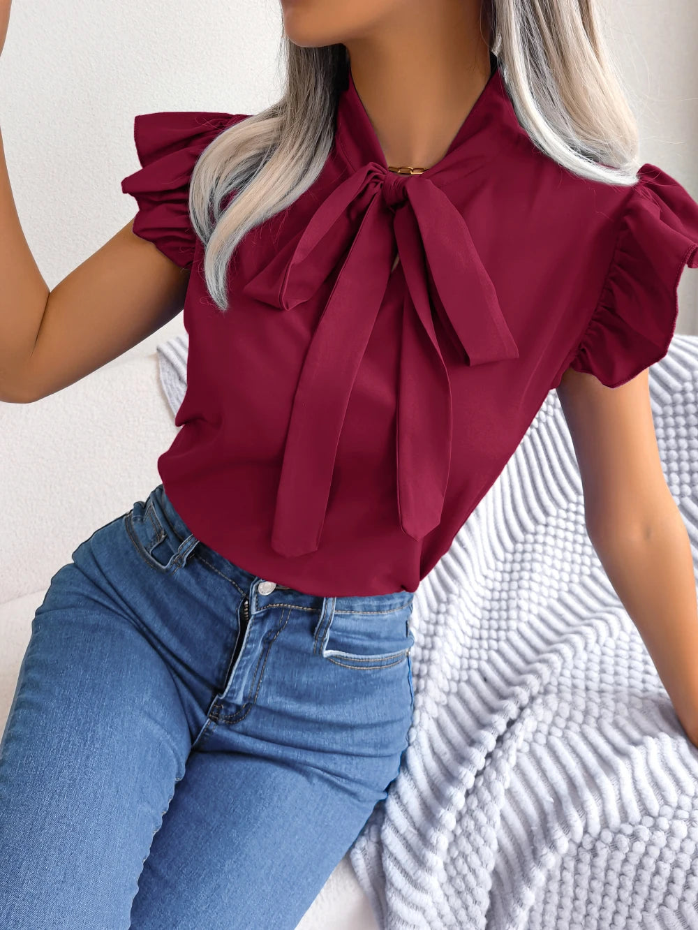 Women's Casual Bow Ruffle Short Sleeve Chiffon Blouse V Neck Lace Up Tops for 2026 Spring Summer White Red Blue Woman Clothing 2