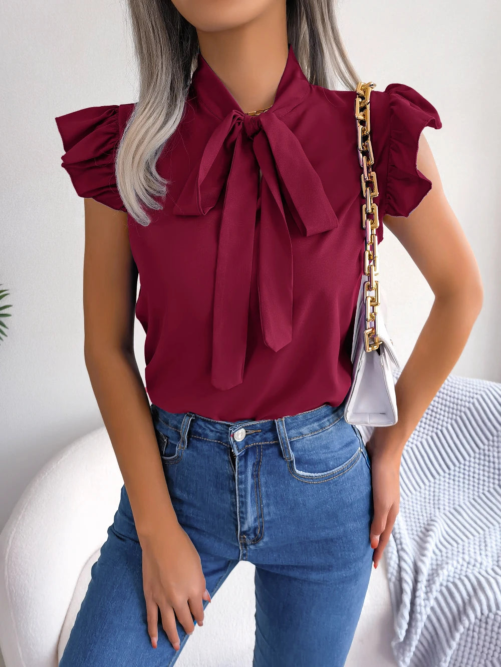 Women's Casual Bow Ruffle Short Sleeve Chiffon Blouse V Neck Lace Up Tops for 2026 Spring Summer White Red Blue Woman Clothing 3