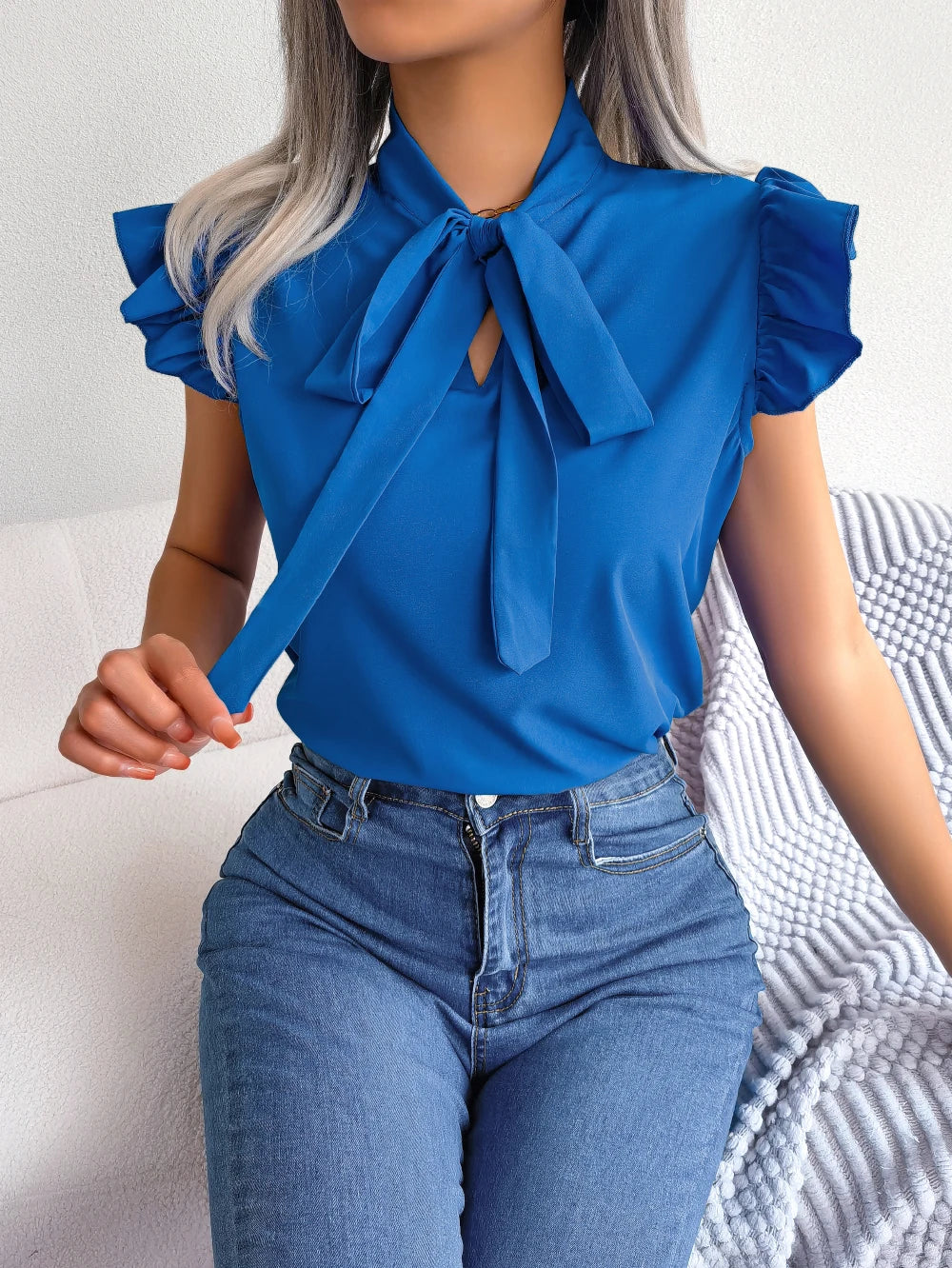Women's Casual Bow Ruffle Short Sleeve Chiffon Blouse V Neck Lace Up Tops for 2026 Spring Summer White Red Blue Woman Clothing 4