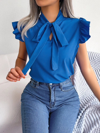 Women's Casual Bow Ruffle Short Sleeve Chiffon Blouse V Neck Lace Up Tops for 2026 Spring Summer White Red Blue Woman Clothing 4