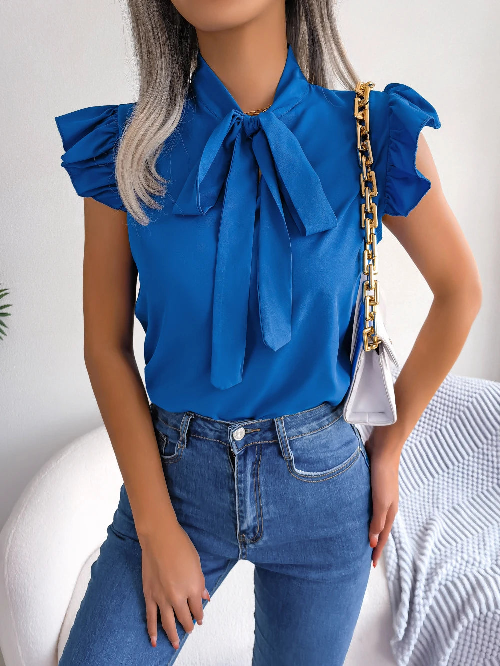 Women's Casual Bow Ruffle Short Sleeve Chiffon Blouse V Neck Lace Up Tops for 2026 Spring Summer White Red Blue Woman Clothing 5