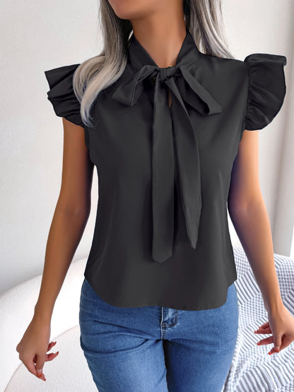 Women's Casual Bow Ruffle Short Sleeve Chiffon Blouse V Neck Lace Up Tops for 2026 Spring Summer White Red Blue Woman Clothing 6
