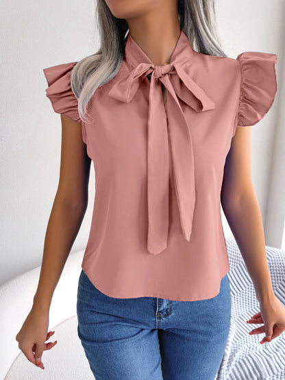 Women's Casual Bow Ruffle Short Sleeve Chiffon Blouse V Neck Lace Up Tops for 2026 Spring Summer White Red Blue Woman Clothing 7