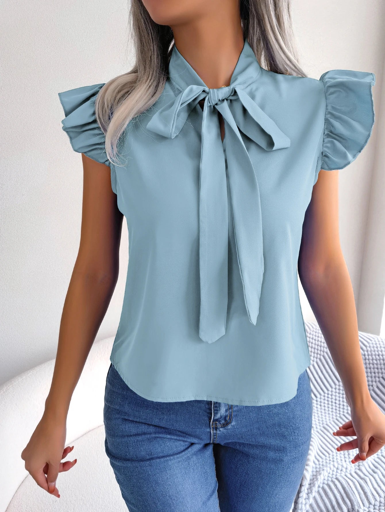 Women's Casual Bow Ruffle Short Sleeve Chiffon Blouse V Neck Lace Up Tops for 2026 Spring Summer White Red Blue Woman Clothing 8
