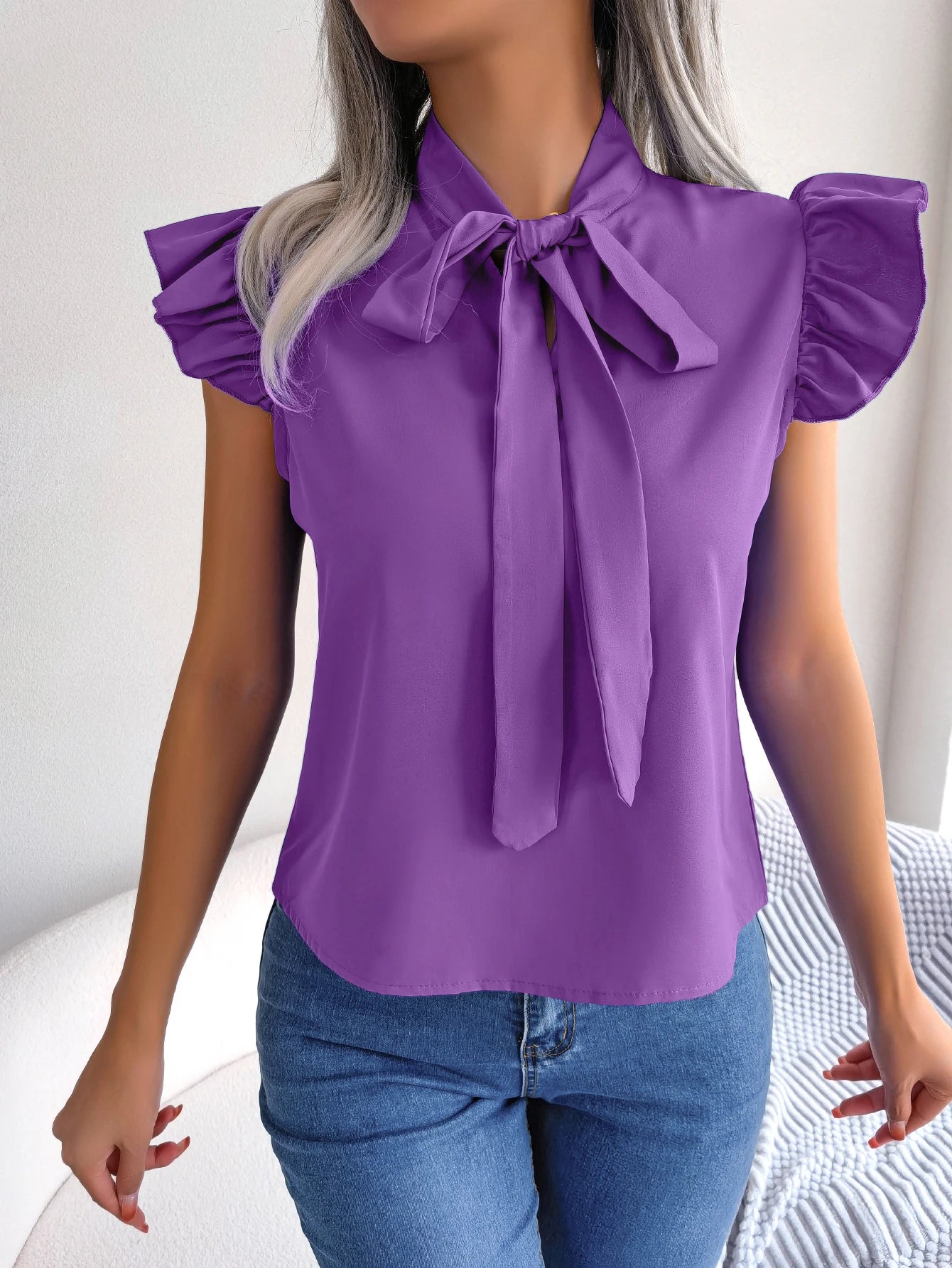 Women's Casual Bow Ruffle Short Sleeve Chiffon Blouse V Neck Lace Up Tops for 2026 Spring Summer White Red Blue Woman Clothing 9
