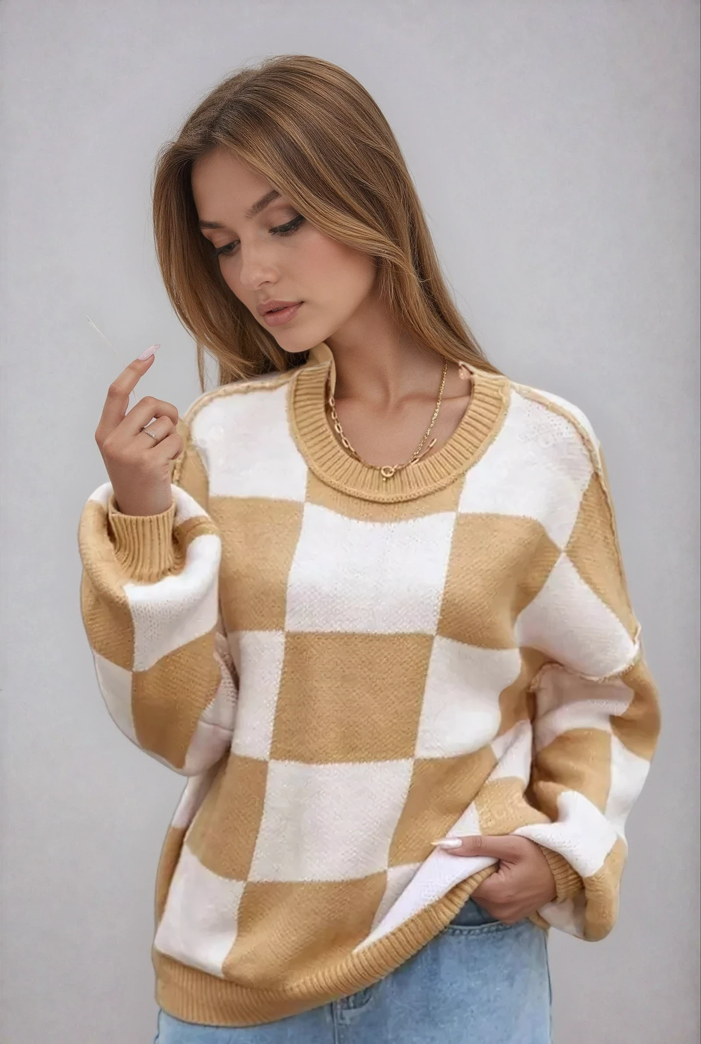 Women's Checkerboard Knitted Sweater 1