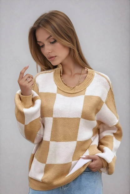 Women's Checkerboard Knitted Sweater 1