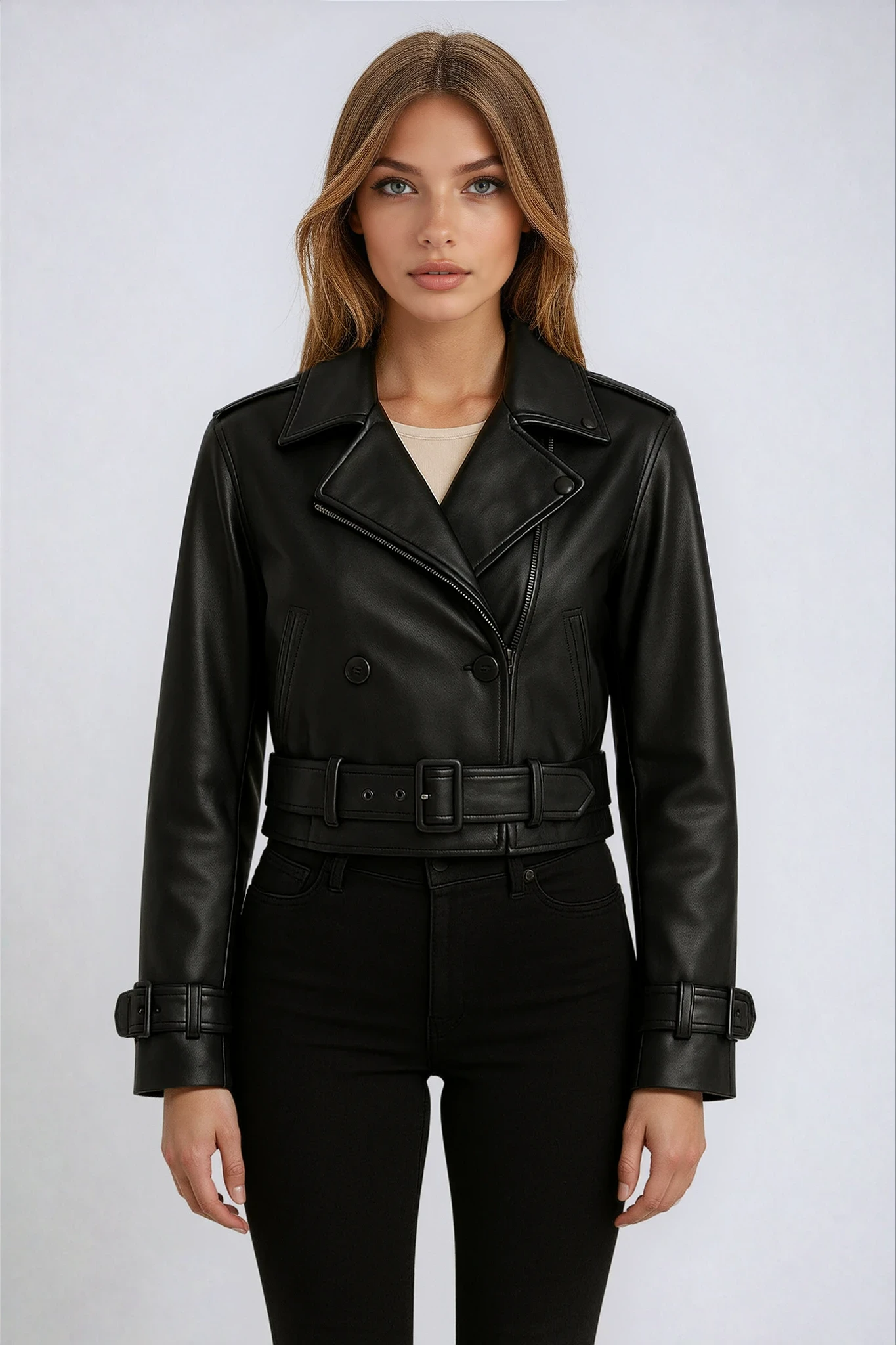 Women's Cropped Faux Leather Trench Jacket 0