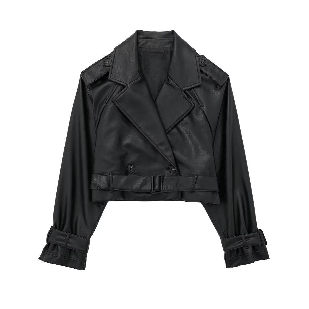 Women's Cropped Faux Leather Trench Jacket 2