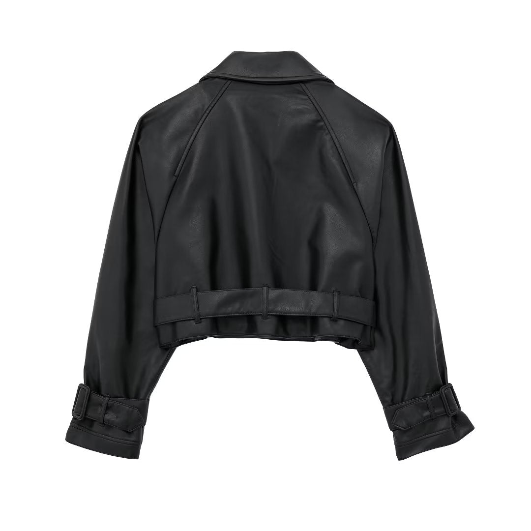 Women's Cropped Faux Leather Trench Jacket 3