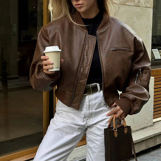 Women's Cropped Vintage Faux Leather Bomber 1