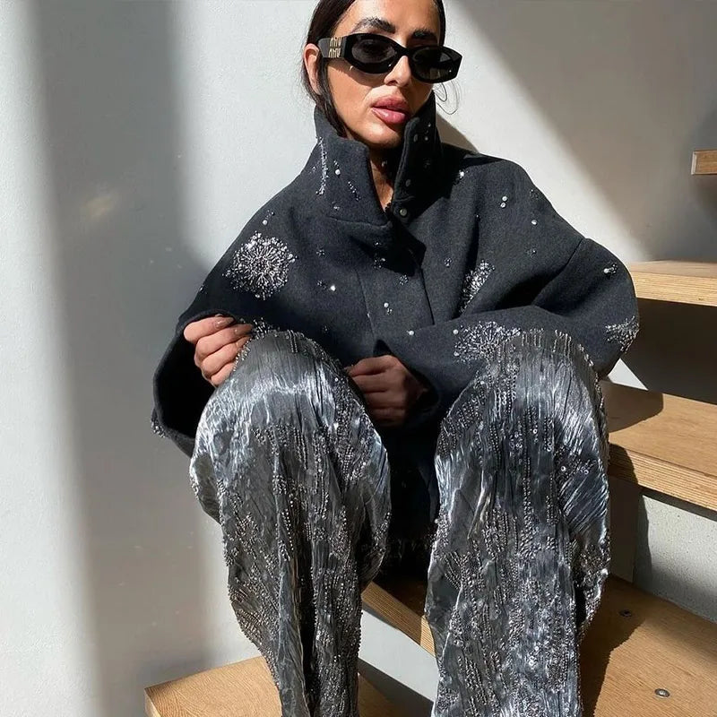 Women's Embroidery Beading Pea Coat 2