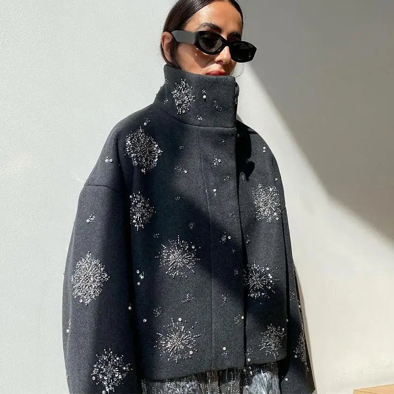 Women's Embroidery Beading Pea Coat 4