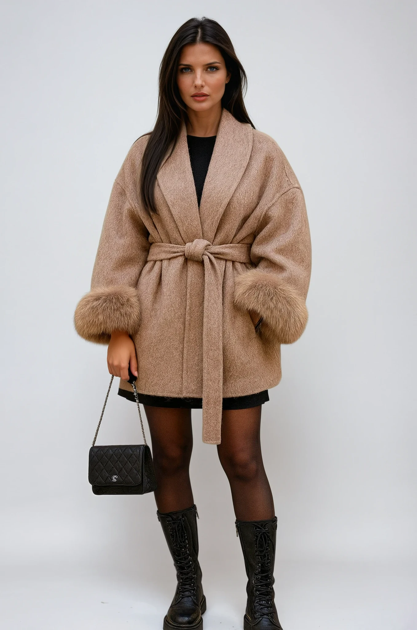 Women's Faux Fur Coat with Waist Tie Belt 0