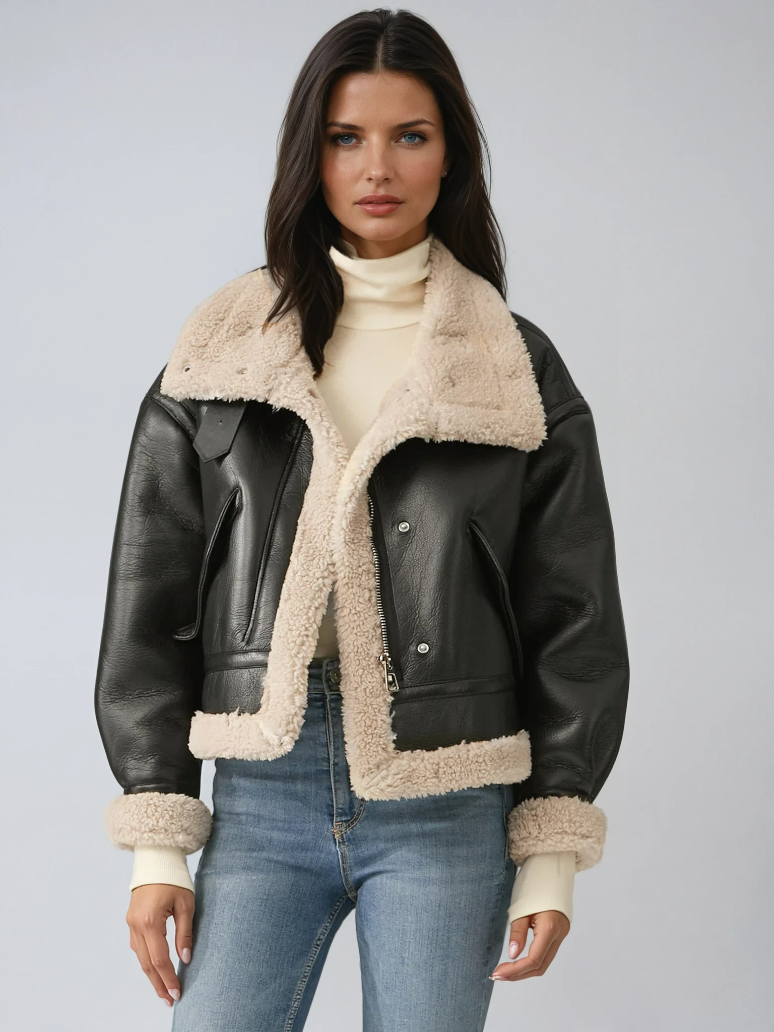 Women's Faux Leather Flight Jacket with Sherpa Lining 1