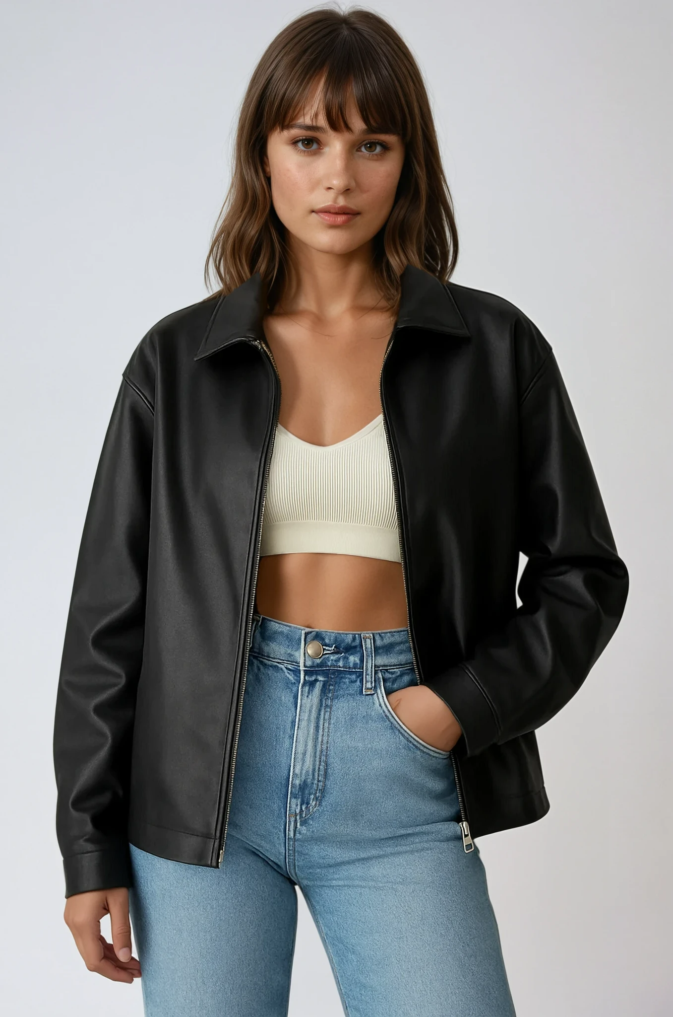 Women's Faux Leather Zip Jacket Black 1