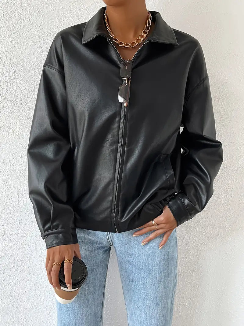 Women's Faux Leather Zip Jacket Black 2