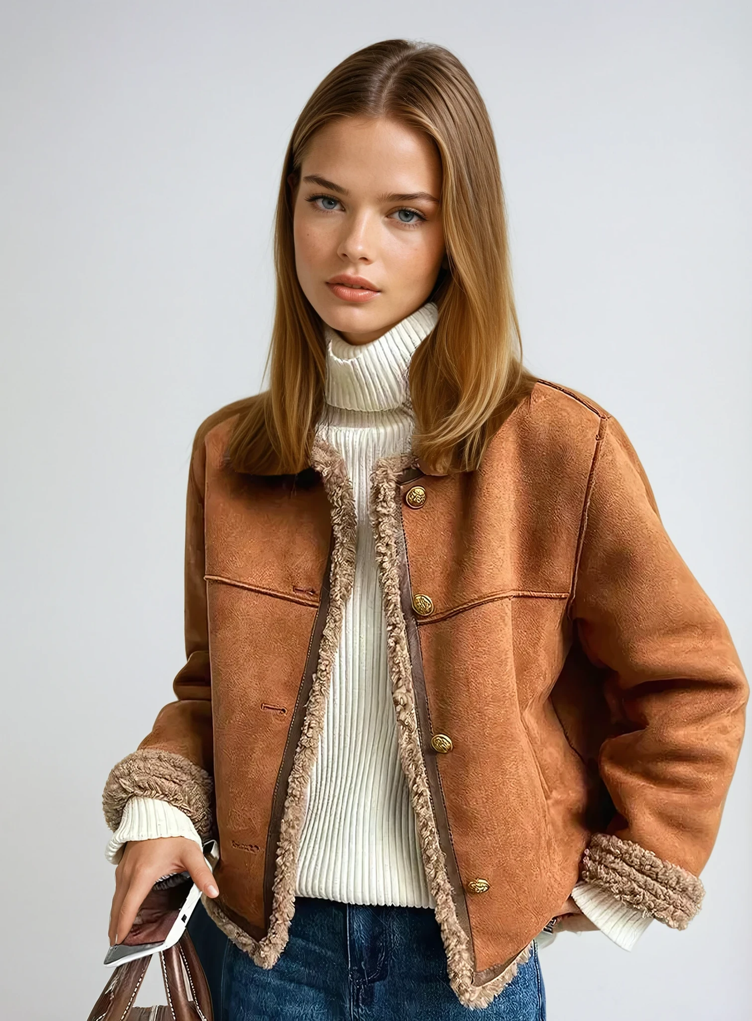 Women’s Faux Shearling Lined Suede Jacket 0