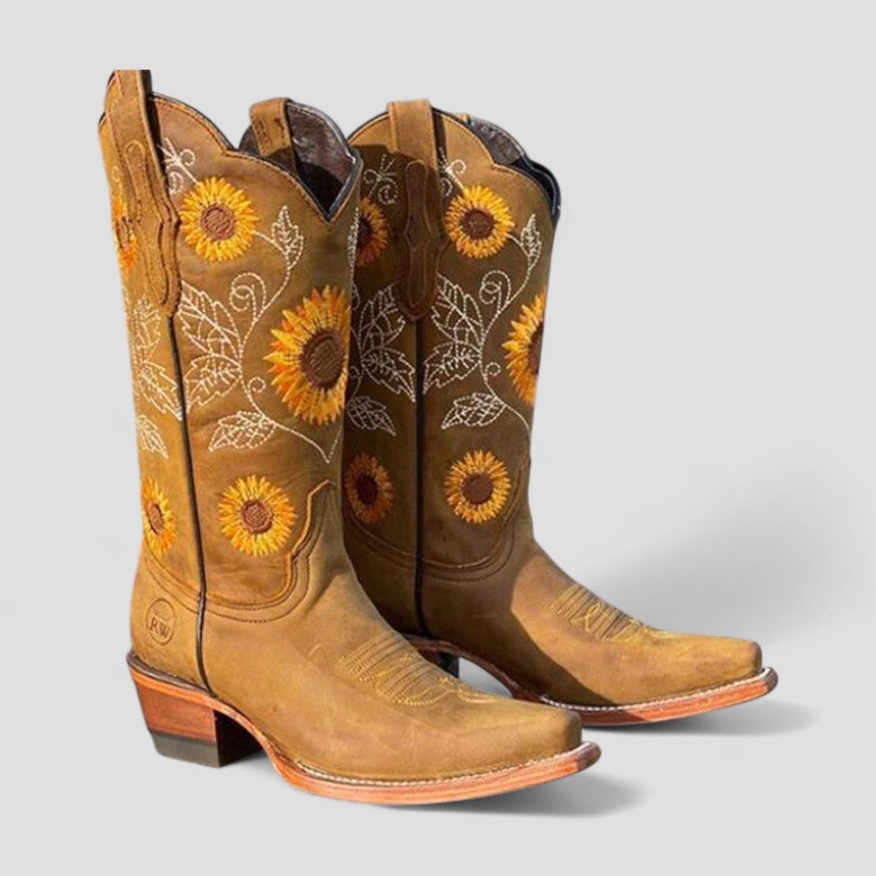 Women's Floral Embroidered Cowgirl Boots with Low Block Heel 2
