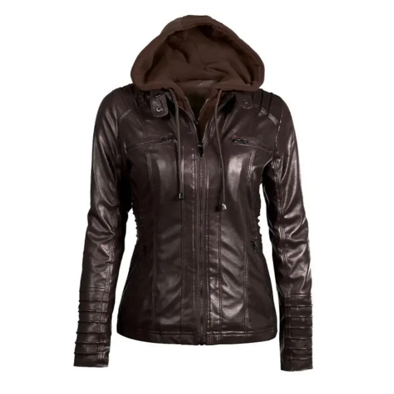 Women's Hooded Faux Leather Jacket 10