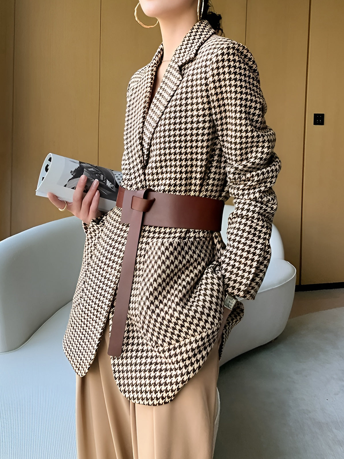 Women's Houndstooth Belted Split-Hem Blazer 3