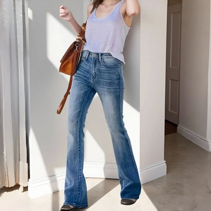 Women's Mid-Rise Stretchy Flare Jeans Retro Slim-Fitting Versatile Office Casual Wear Stretch Denim Pants 0
