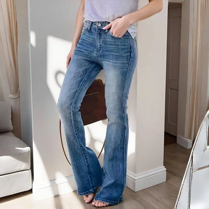 Women's Mid-Rise Stretchy Flare Jeans Retro Slim-Fitting Versatile Office Casual Wear Stretch Denim Pants 1