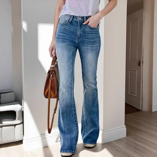 Women's Mid-Rise Stretchy Flare Jeans Retro Slim-Fitting Versatile Office Casual Wear Stretch Denim Pants 3