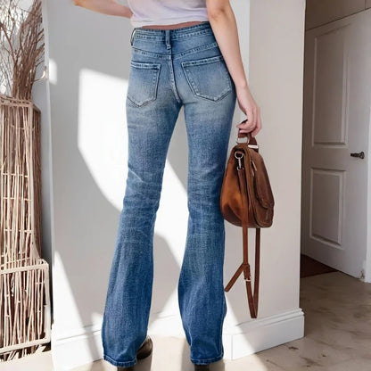 Women's Mid-Rise Stretchy Flare Jeans Retro Slim-Fitting Versatile Office Casual Wear Stretch Denim Pants 4