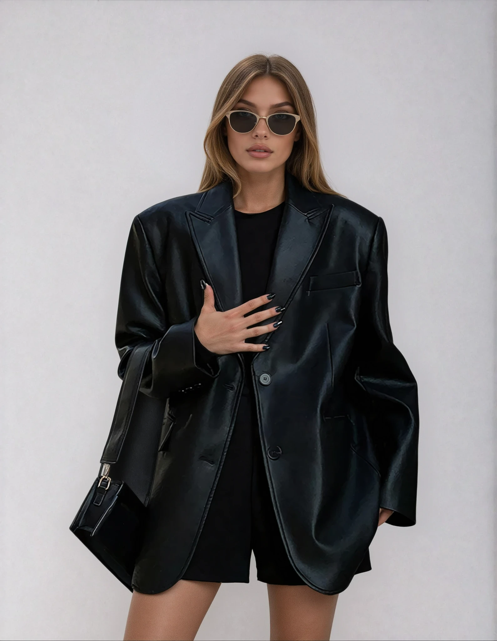 Women's Oversized Faux Leather Blazer with Lapel 0