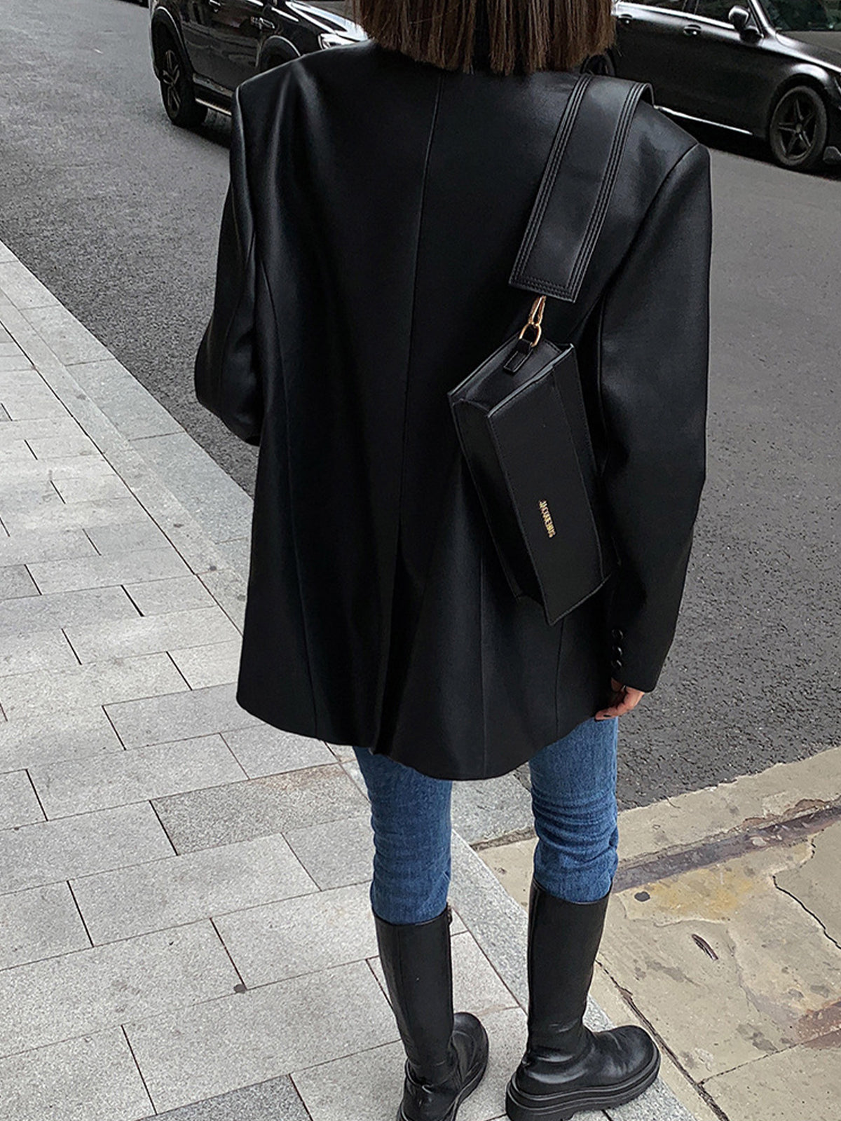 Women's Oversized Faux Leather Blazer with Lapel 1