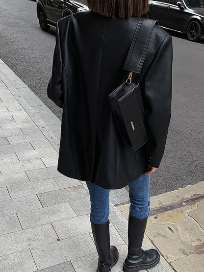 Women's Oversized Faux Leather Blazer with Lapel 1
