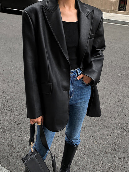 Women's Oversized Faux Leather Blazer with Lapel 2
