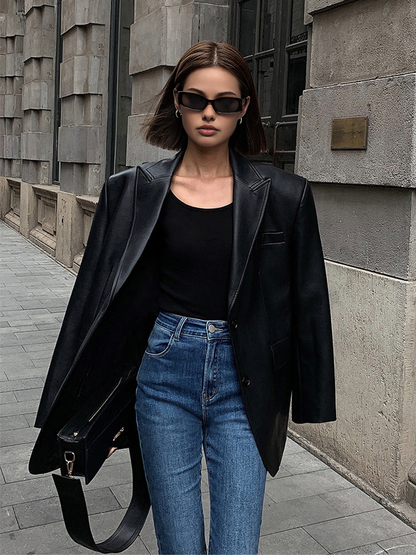 Women's Oversized Faux Leather Blazer with Lapel 3