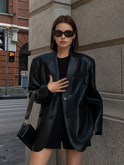 Women's Oversized Faux Leather Blazer with Lapel 4