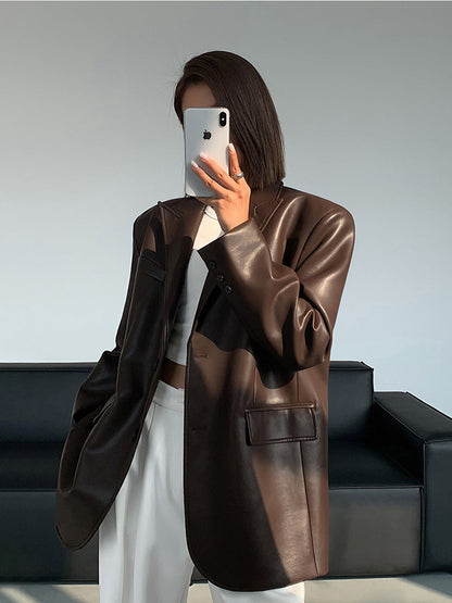 Women's Oversized Faux Leather Blazer with Lapel 7