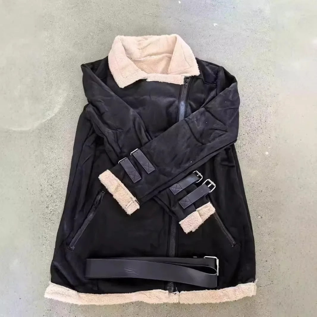 Women's Premium Faux Sheepskin Jacket With Belt And Pockets 6