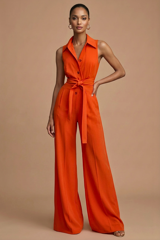 Women’s Sleeveless Wide Leg Jumpsuit with Collar Neck Button Front and Waist Tie 0