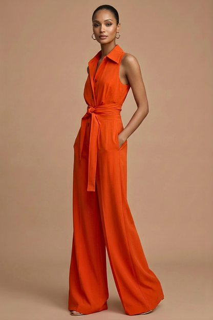 Women’s Sleeveless Wide Leg Jumpsuit with Collar Neck Button Front and Waist Tie 1