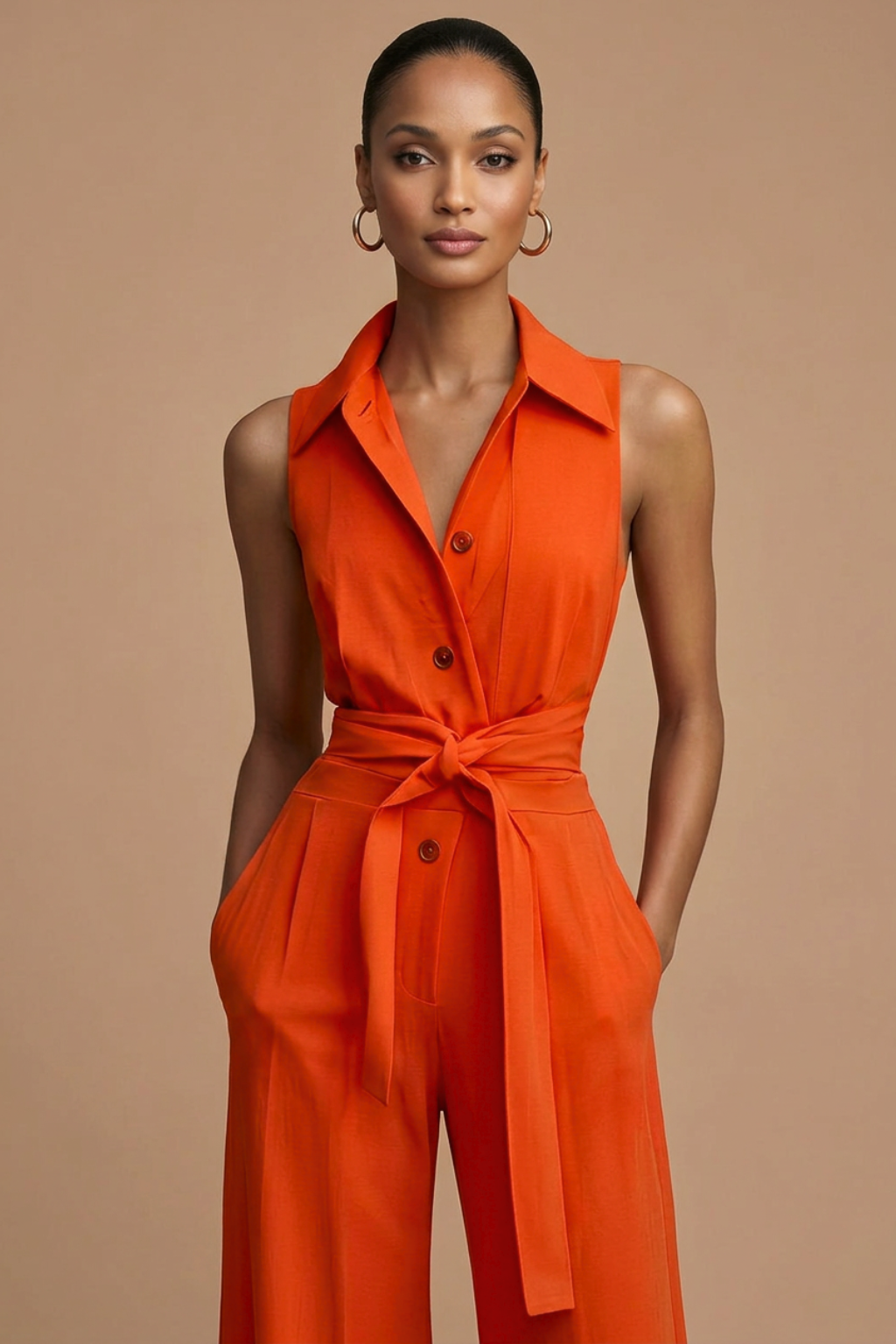 Women’s Sleeveless Wide Leg Jumpsuit with Collar Neck Button Front and Waist Tie 2