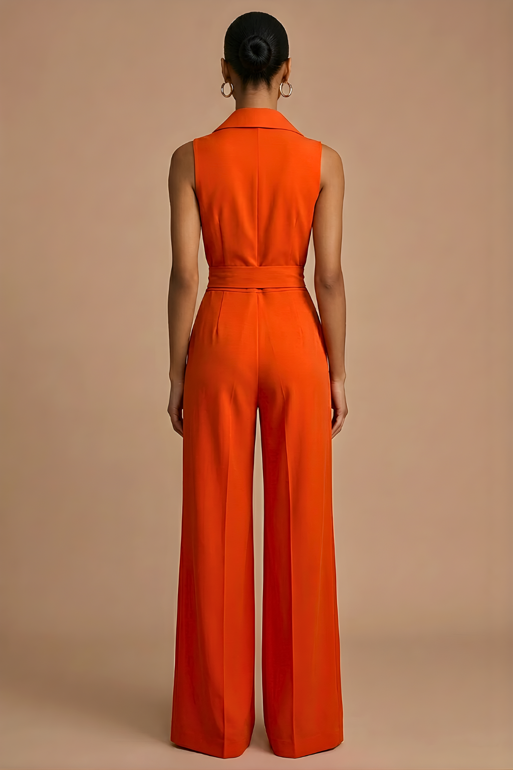 Women’s Sleeveless Wide Leg Jumpsuit with Collar Neck Button Front and Waist Tie 4
