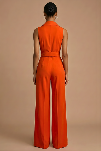 Women’s Sleeveless Wide Leg Jumpsuit with Collar Neck Button Front and Waist Tie 4