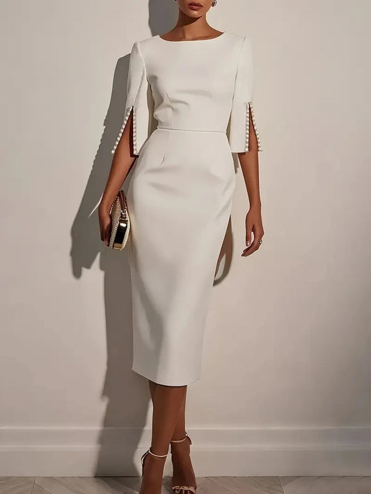 Women's Solid Color Elegant Round Neck Half Sleeve Beaded Decorated Slim Fit Midi Dress 0