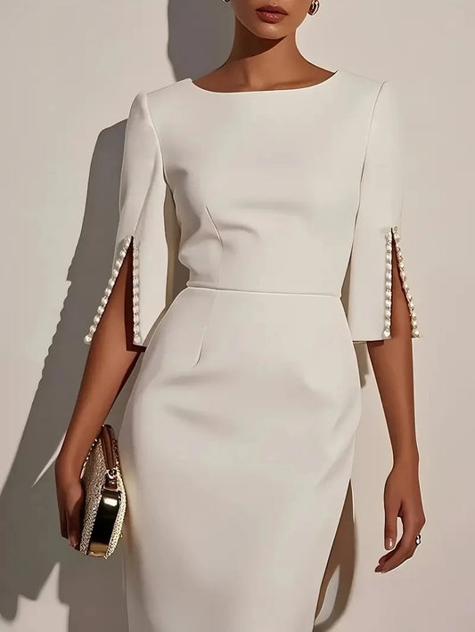 Women's Solid Color Elegant Round Neck Half Sleeve Beaded Decorated Slim Fit Midi Dress 1