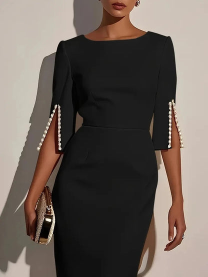 Women's Solid Color Elegant Round Neck Half Sleeve Beaded Decorated Slim Fit Midi Dress 2