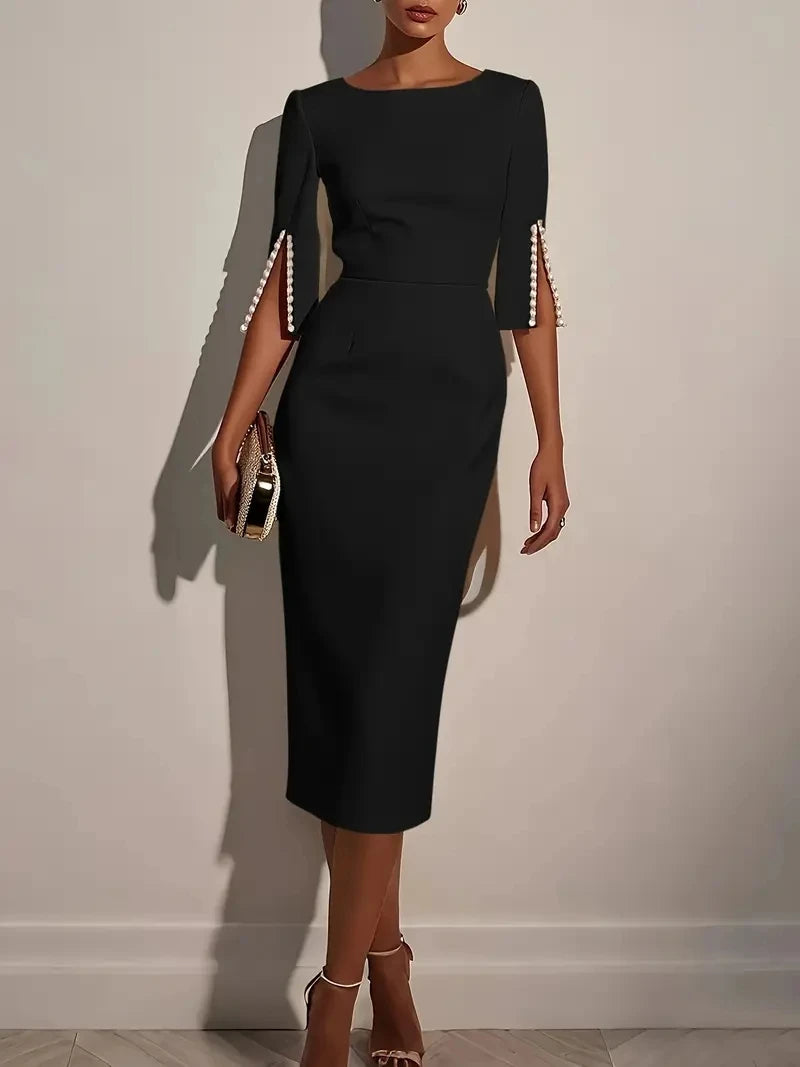 Women's Solid Color Elegant Round Neck Half Sleeve Beaded Decorated Slim Fit Midi Dress 3
