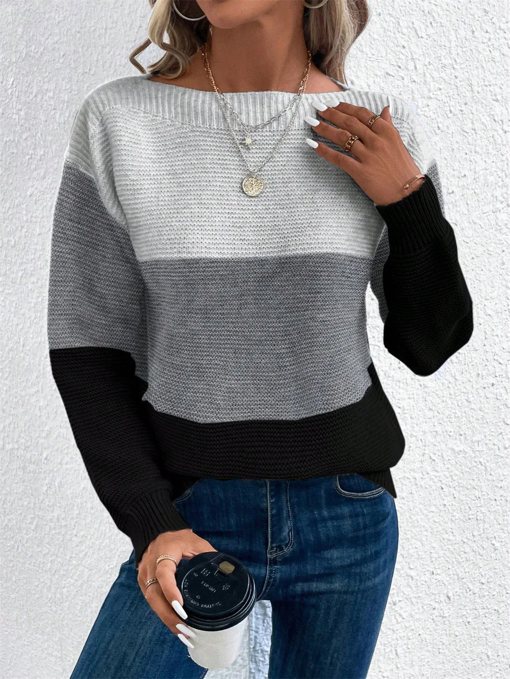 Women's Three-color Knitted Patchwork Sweater 9