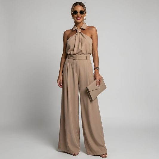 Women's Wide Leg Jumpsuit - Halter Neck - Collared Twist Front - Belted Waist - Dressy Jumpsuit 0