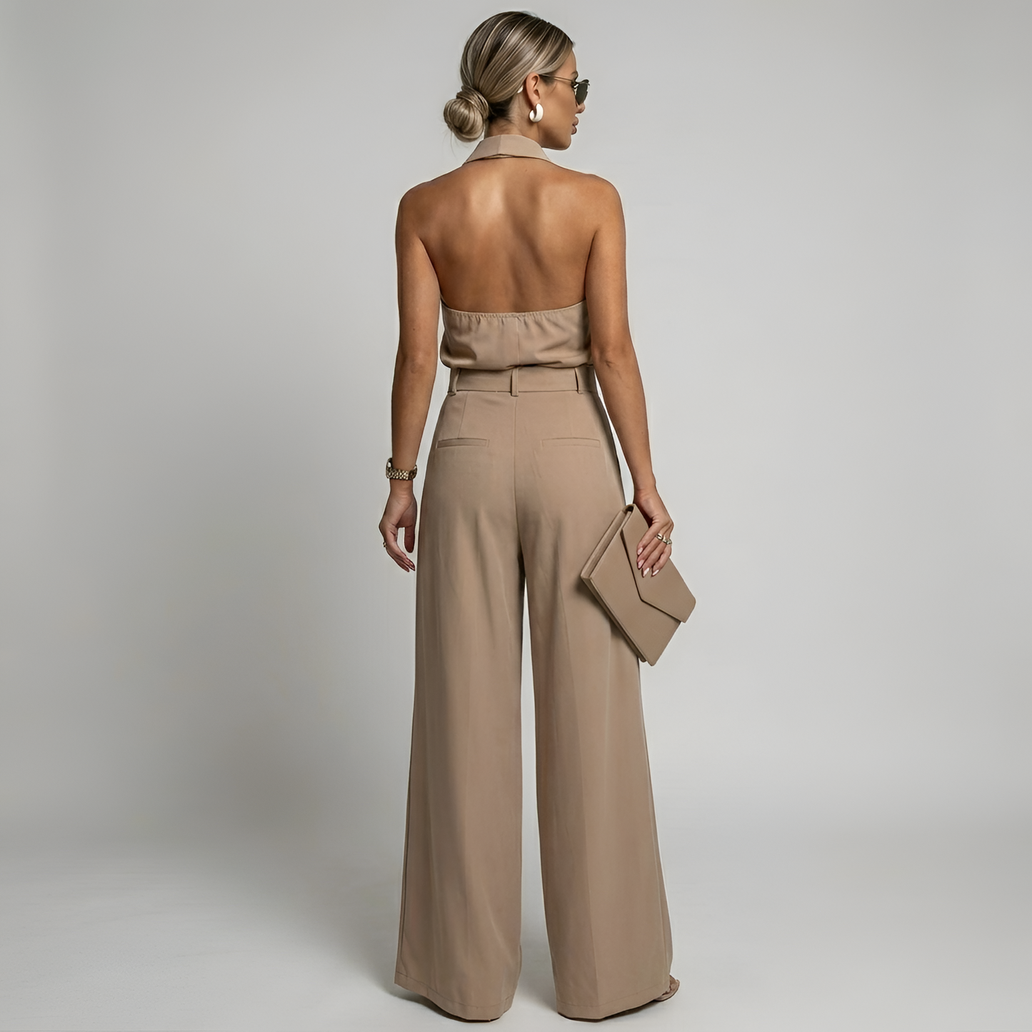 Women's Wide Leg Jumpsuit - Halter Neck - Collared Twist Front - Belted Waist - Dressy Jumpsuit 2