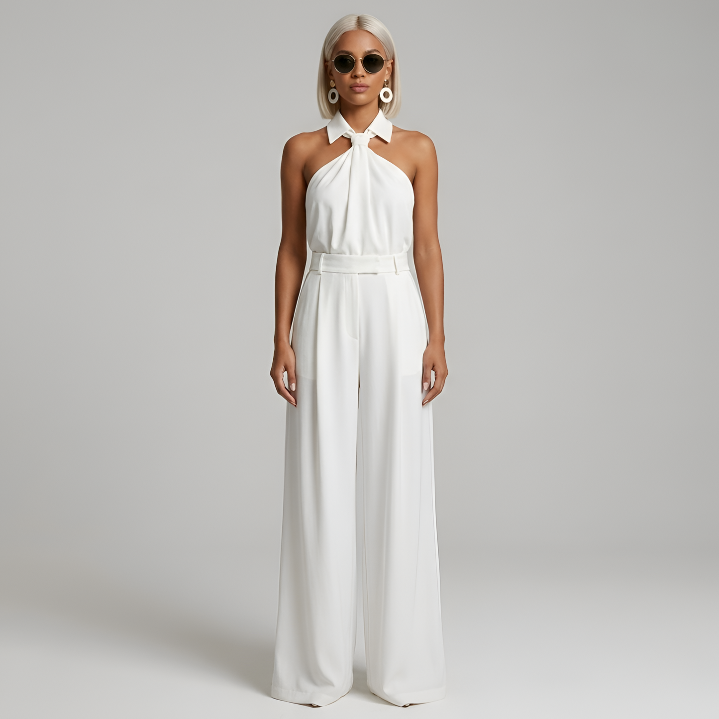 Women's Wide Leg Jumpsuit - Halter Neck - Collared Twist Front - Belted Waist - Dressy Jumpsuit 3
